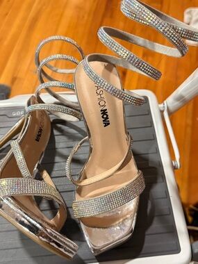 Fashion Nova Iridescent Crystal Spiral-Strap Heels